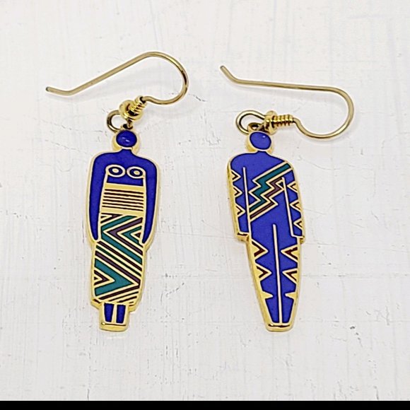 Vintage Signed Laurel Burch Man Woman Enamel Dangle Earrings, Blue, EUC - Picture 1 of 3